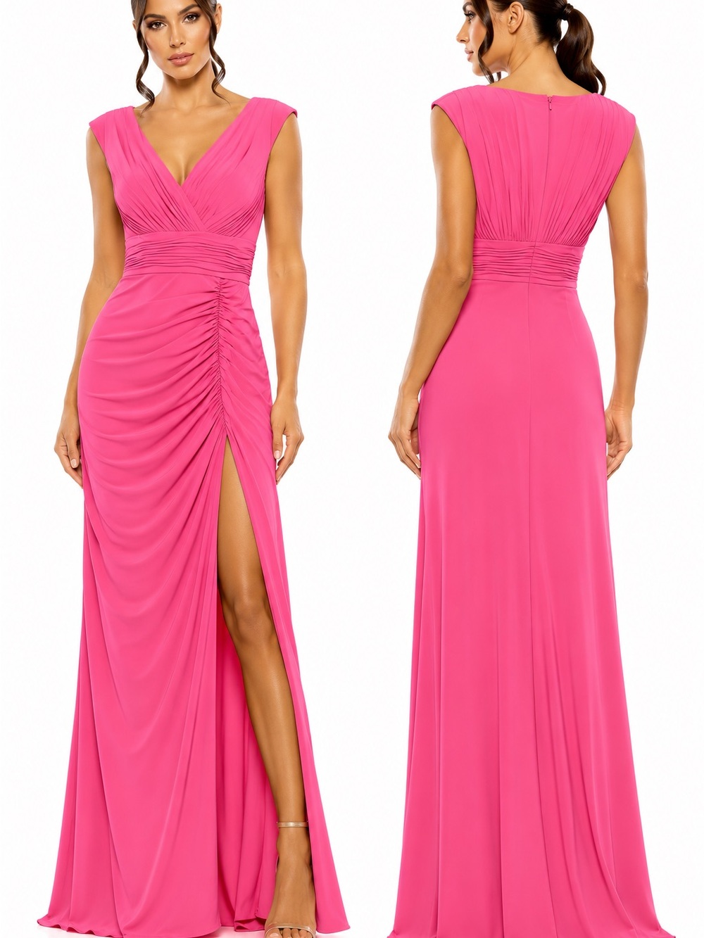 NWT Mac Duggal Hot Pink V-Neck Ruched Side-Slit Gown
